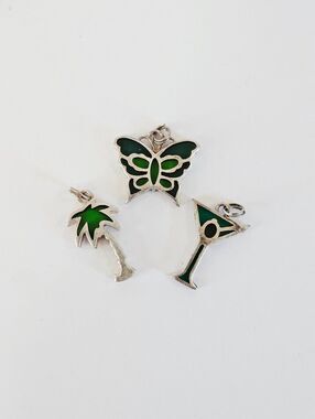 Vintage Jezlaine Sterling Silver Stained Glass Charm Set Butterfly Martini Palm